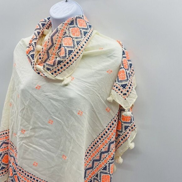 J Crew Womens One Size Cotton Mosiac Printed Tassel Trim Neck Scarf in Cream - Picture 2 of 6